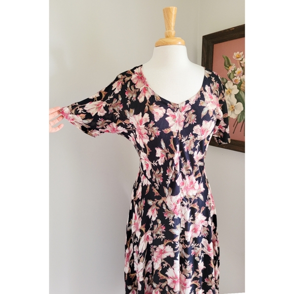 90s Black Floral Bias Cut 1990s Vintage Rayon Gauze V Neck Midi Dress - Picture 8 of 14